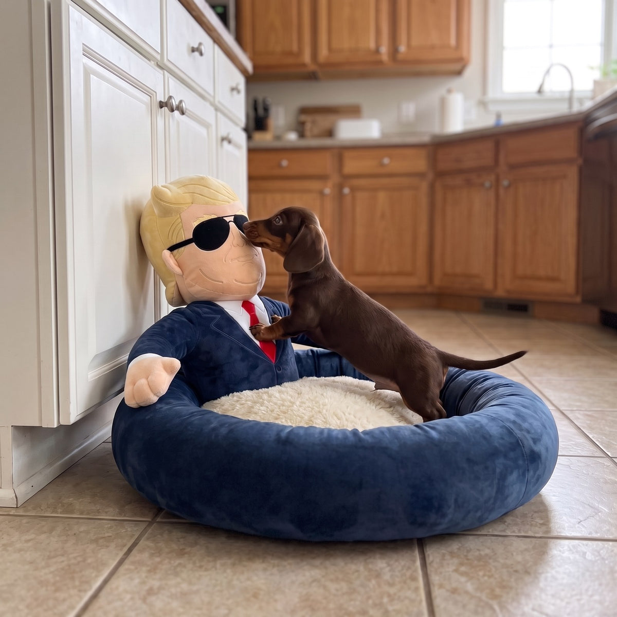 Dachshund puppy greeting the plush President in the First Dog Bed